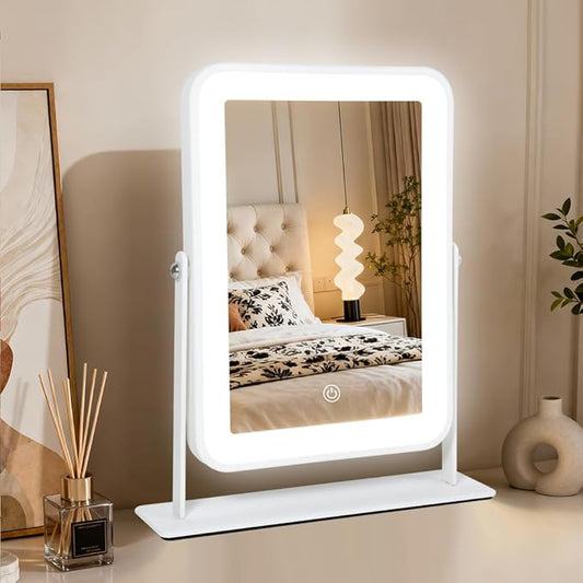 YEKKOPT Small Desk Mirror with Lights, Lighted Makeup Mirror with Light, Portable Tabletop Make Up Mirror for Desk, Vanity Mirror with Lights,Smart Touch Control, Dual Power Supply, 360°Rotation