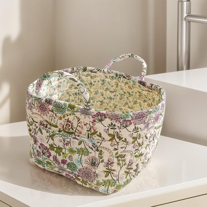 Quilted Fabric Storage Basket Boho Floral Laundry Hamper with Handle Foldable Floral Basket Organizer for Car Bedroom