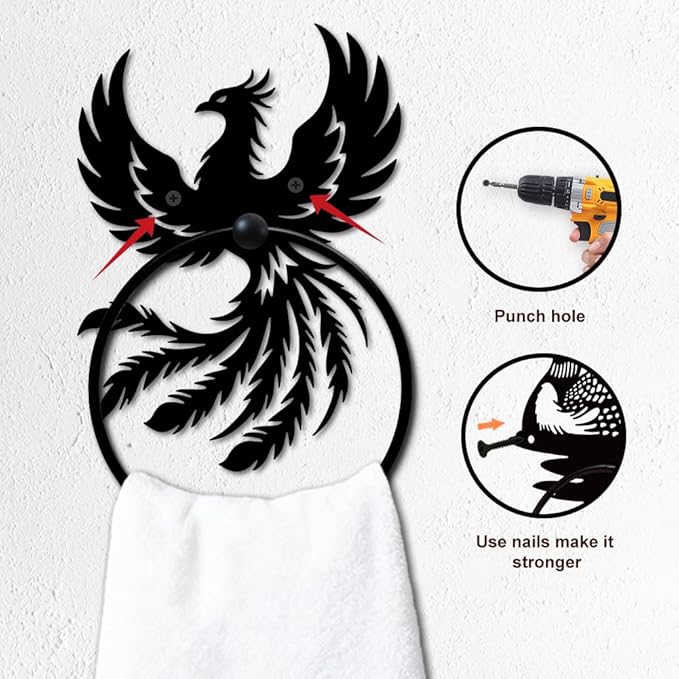 MAYJOYDIY Phoenix Metal Towel Ring Round Animal Hand Towel Holder Ring Hanger Wall Mount Black Vintage Towels Wall Organizer for Kitchen Bath Home Laundry Room Decors Gifts