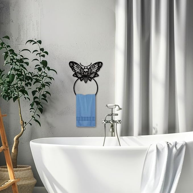 MAYJOYDIY Death Head Moth Metal Towel Ring Halloween Skeleton Insects Towel Holder Bath Towel Ring Black Art Towel Rack for Bathroom Kitchen Towel Hanger Home Decors Gift