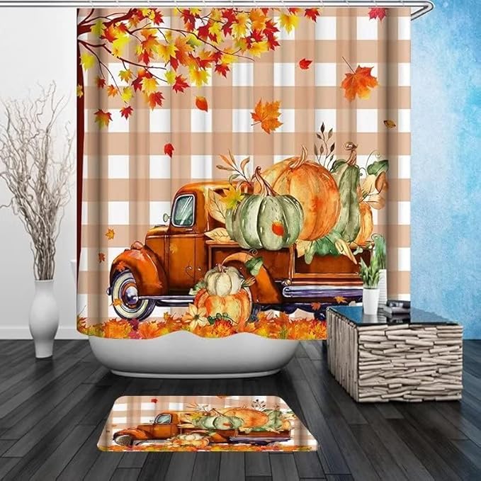 NBVKO 4PCS Fall Thanksgiving Day Shower Curtain，Autumn Pumpkin Truck Bathroom Shower Curtain Set with Non-Slip Rug Toilet Lid Cover Bath Mat 12 Hooks，Orange Maple Leaf Bathroom Decor Accessory Set