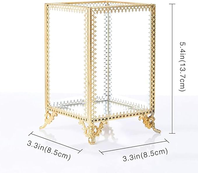 PuTwo Vintage Makeup Brush Holder Glass and Brass Organizer Handmade Cosmetic Brush Storage with White Pearls for Dresser Vanity Countertop - Gold