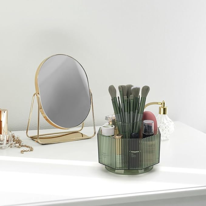 Makeup Brush Holder, 360?? Rotating Makeup Brush Organizer, Cosmetic Brushes Storage with 5 Slots for Vanity, Multi-Functional Pen Holder, Colored Pencil, Art Brushes Organizer for Desk (Green)