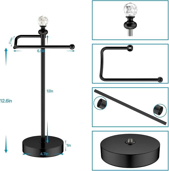 ROLABAM Heavy Weighted Hand Towel Holder(with Crystal Ball) Standing Hand Towel Holder Total Height 15.7'' for Kitchen,Bathroom,Vanity,Classic Decorative Metal Hand Towel Stand,Matte Black