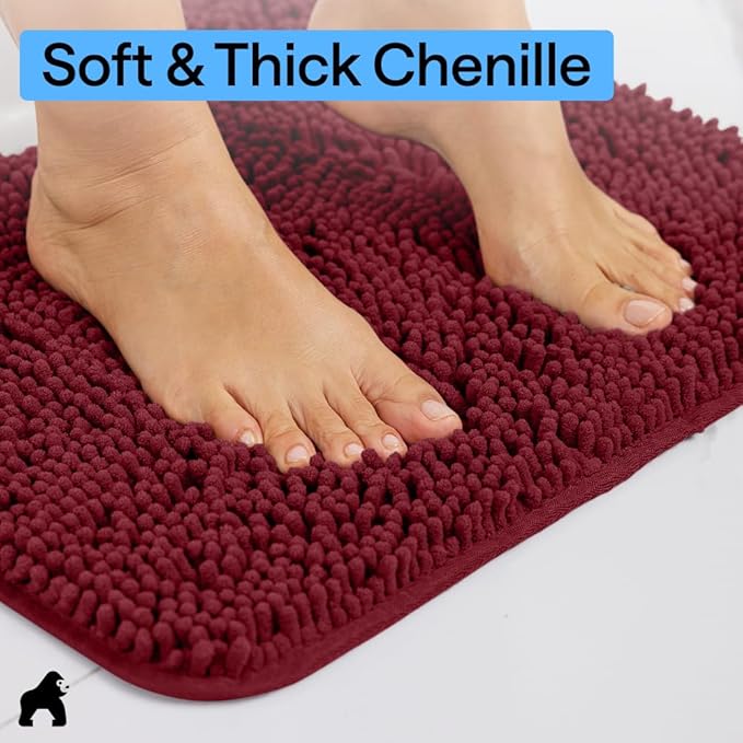 GORILLA GRIP Bath Rug Mat 36x24, Soft Absorbent Chenille, Quick Dry Microfiber Mats, Rubber Backing Washable Shower Floor Rugs, Bathmat Runner, US Designed Bathroom Home Decor Accessories Burgundy