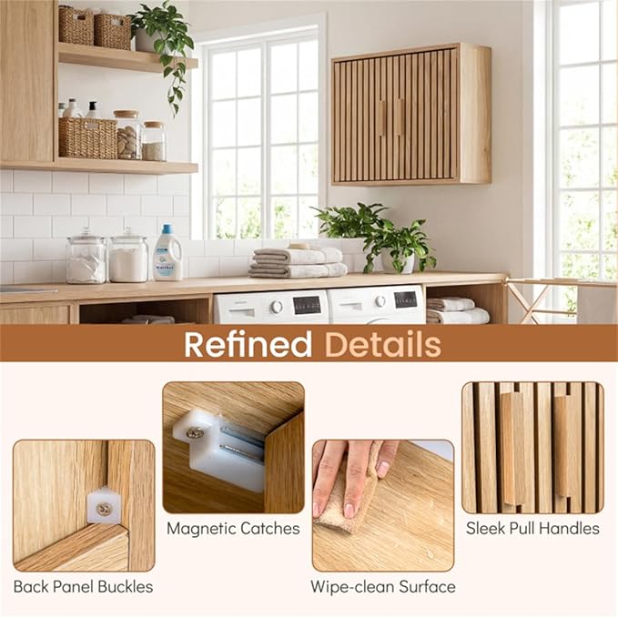 Bathroom Wall Storage Cabinet with Slatted Doors, Natural Engineered Wood, 24x8x20 Inch, Adjustable 3-Level Shelf, Magnetic Catches