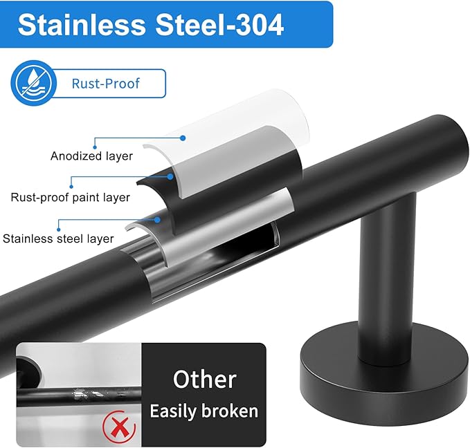 Matte Black Towel Bar, 24 Inch Bathroom Towel Rack, SUS304 Stainless Steel Towel Rod for Bathroom, Total Length 26-Inch Wall Towel Holder, Modern Home Decor