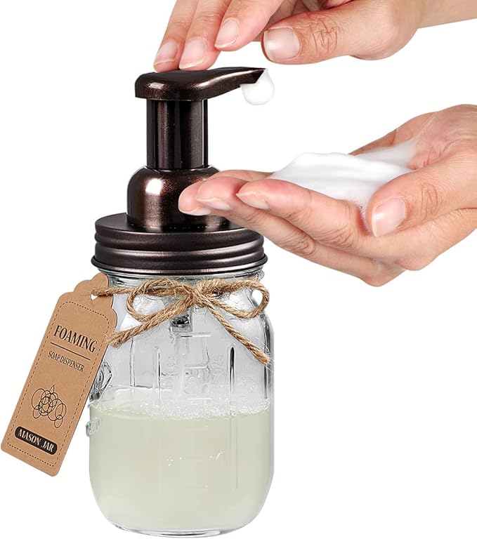 Amolliar Mason Jar Bathroom Accessories Set 4 Pack - Foaming Soap Dispenser&2 Qtip Holders&Toothbrush Holder-Rustic Farmhouse Decor Bathroom Organizer Apothecary Jar Country Countertop (Bronze)