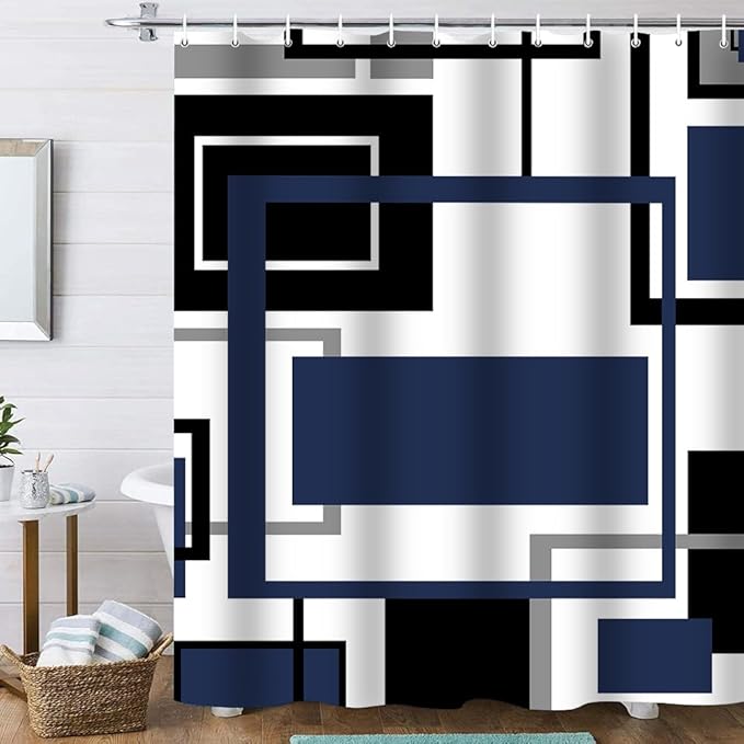 Onalasyc 4Pcs Blue Geometric Shower Curtain with Rugs Set Waterproof Blue Bathroom Sets with Shower Curtain and Rugs Abstract Geometric Modern Bathroom Curtains Shower Set with 12 pcs Hooks