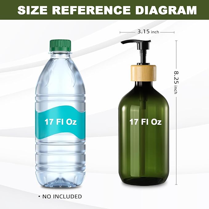 KASUNTING Green Soap Dispenser, Plastic Bathroom Soap and Lotion Dispenser Set with Bamboo Pump, 2 Pack 17 Fl Oz Hand and Dish Soap Dispensers Set for Bathroom, Refillable Liquid Soap Bottles
