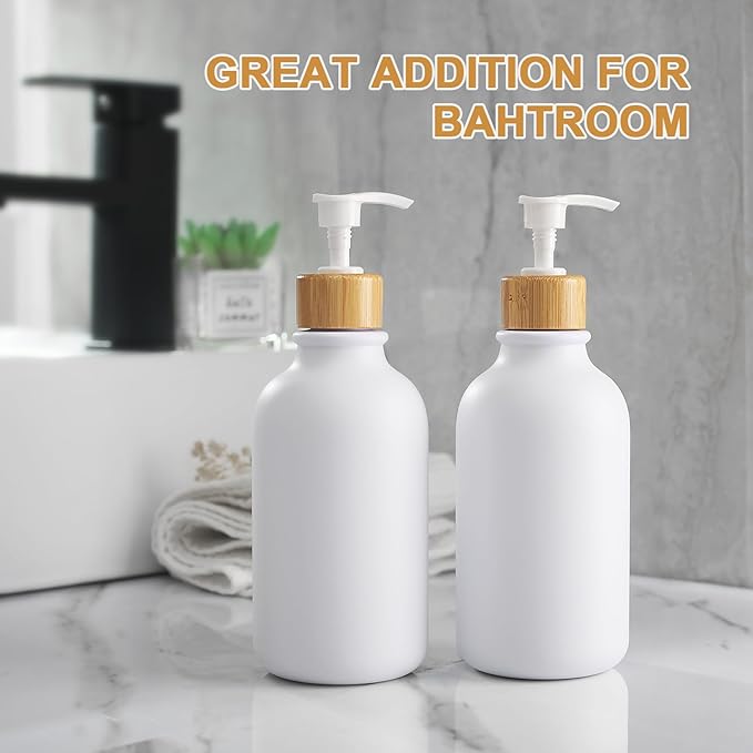 KASUNTING White Soap Dispenser, 2 Pack Plastic Bathroom Hand Soap and Lotion Dispenser Set with Bamboo Pump, 17 Fl Oz Hand and Dish Soap Dispensers Set for Kitchen, Refillable Liquid Soap Bottles