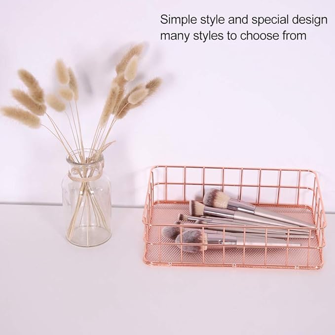 Fdit Makeup Storage Basket Organizer Rose Gold Iron Storage Holder Desktop Decor Household Woman Girl Lady(D)