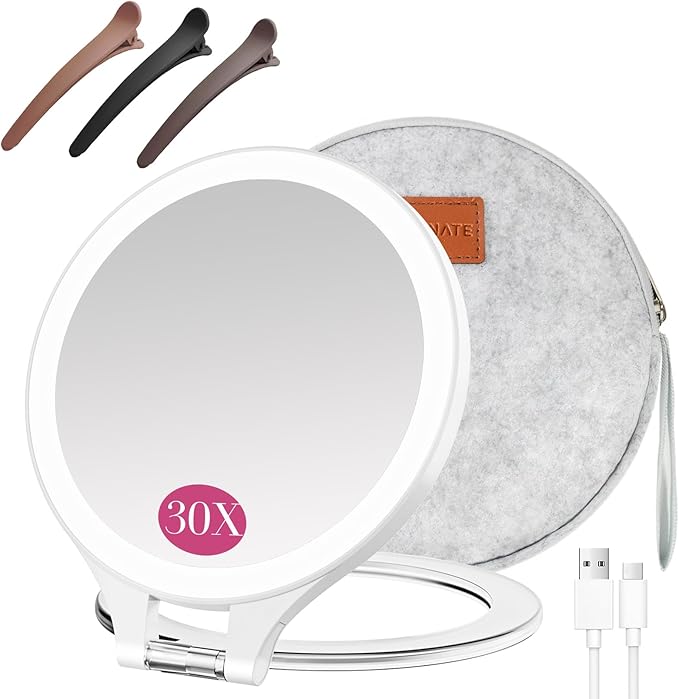 FASCINATE 30X/1X Lighted Magnifying Mirror, Rechargeable Double Sided Travel Makeup Mirror with 3 Color Lighting, Adjustable Stand, Portable Vanity Mirror, Includes Hair Clip
