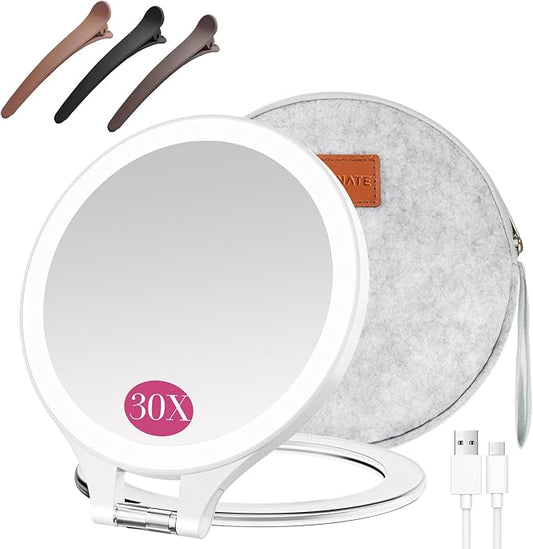 FASCINATE 30X/1X Lighted Magnifying Mirror, Rechargeable Double Sided Travel Makeup Mirror with 3 Color Lighting, Adjustable Stand, Portable Vanity Mirror, Includes Hair Clip