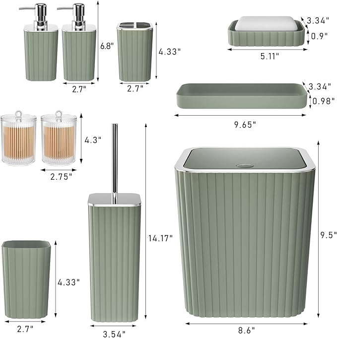 XLHOMO Bathroom Accessories Set - Gorgeous Sage Green Bathroom Set, 10PC Bathroom Accessory Set, Toilet Brush, Trash Can, Qtip Holder Dispenser & Soap Dispenser