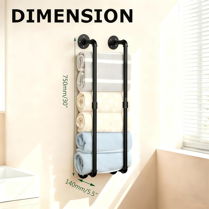 Industrial Pipe Towel Rack for Rolled Towels,Towel Rack for Bathroom,Wall Mounted Metal Towel Holders for Small Bathroom,Bathroom Organizer Storage,5.5" W x 30" H,Black