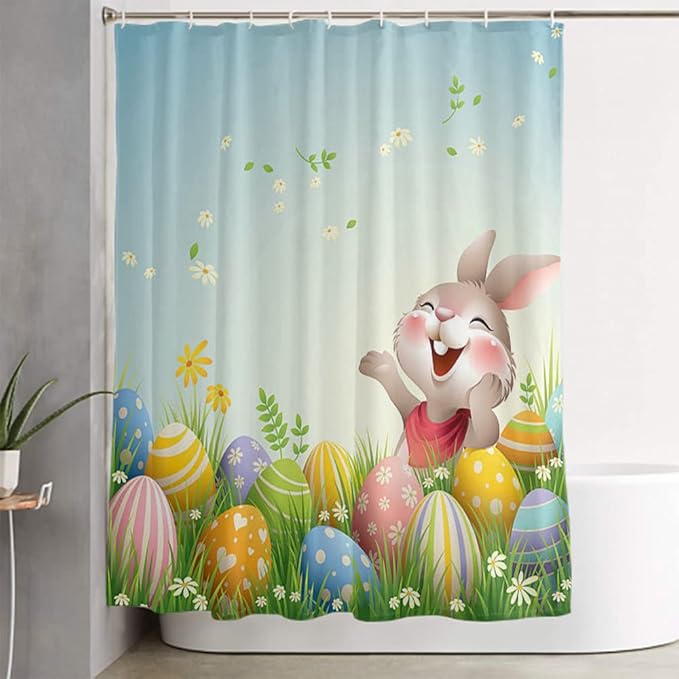 LOKMU 4 Pcs Shower Curtain Sets with Non-Slip Rugs, Toilet Lid Cover and Bath Mat,Cartoon Happy Easter Bunny Egg Waterproof Shower Curtain with 12 Hooks, Bathroom Decor Sets, 72" x 72"