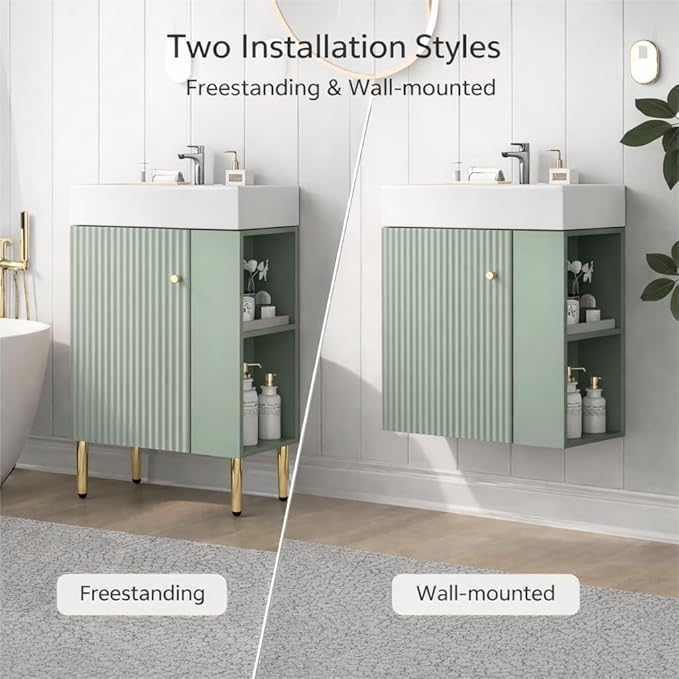 Virubi 21.6 in Small Bathroom Vanity with Sink,Doors and Storage Shelves,Wood Modern Single Fluted Bathroom Sink Cabinet Freestanding (Green,Right Shelf)