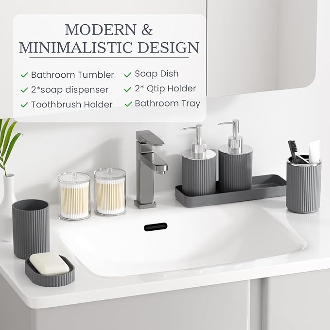 Grey Bathroom Accessories Set, 10PC Bathroom Set, Bath Accessory with Pop Up Trash Can, Soap Dispenser, Toilet Brush, Toothbrush Set Qtip Holders & Tray