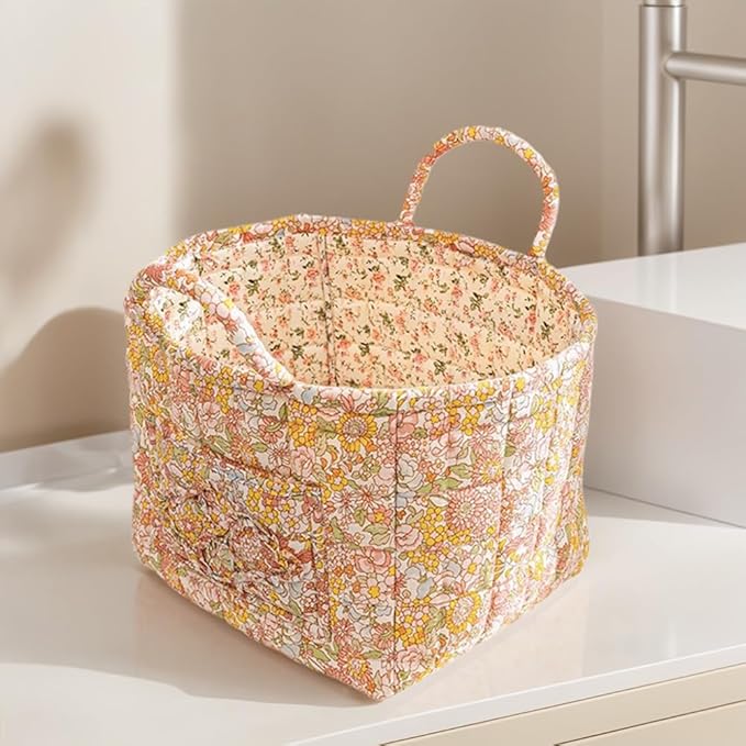 Quilted Fabric Storage Basket Boho Floral Laundry Hamper with Handle Foldable Floral Basket Organizer for Car Bedroom
