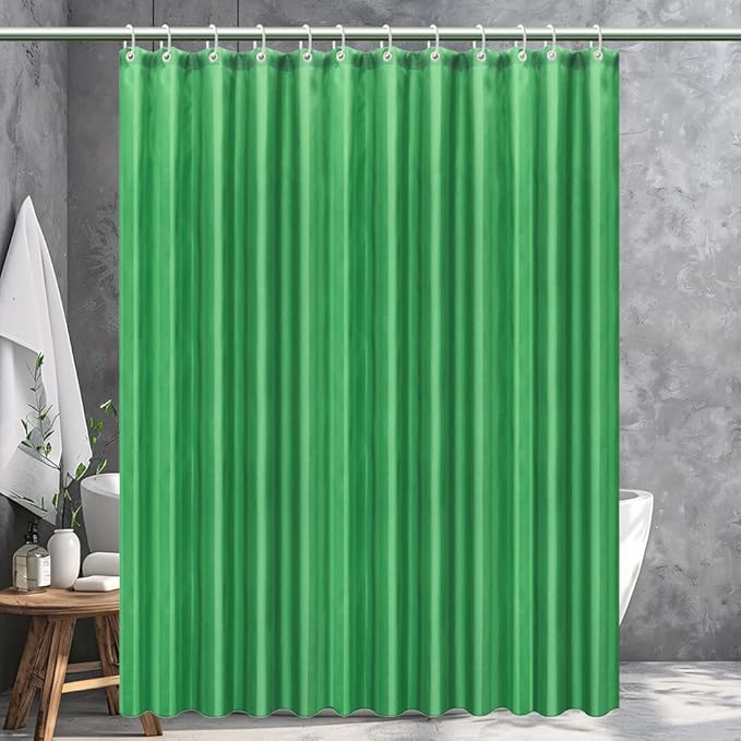 Strip Green Fabric Shower Curtain with Magnets - 85 GSM Heavy Duty Waterproof Bath Curtain, 12 Reinforced Metal Grommets (72x72 Inches)