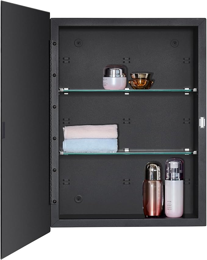IDYLLOR Black Bathroom Medicine Cabinet with Beveled Edge Mirrored Door 16 x 22 inch, Recessed or Surface Mount, with Adjustable Glass Shelves