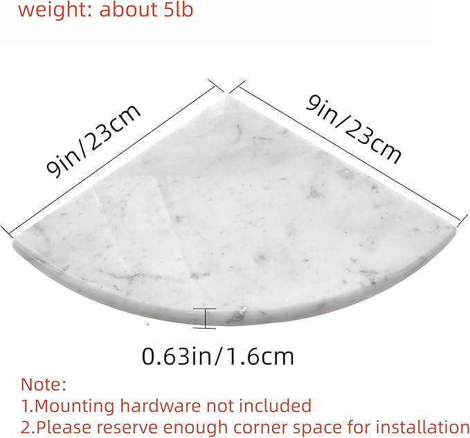 2 pcs Marble Shower Corner Shelf for Bathroom, 9 Inch Gray Veins and Soft White Marble Corner Shelves for Bath Wall Mounted Both Side Polished