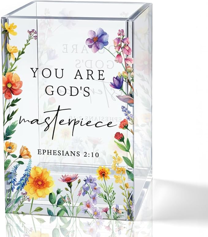 You Are God's Masterpiece Acrylic Pencil Holder Cup, Floral Christian Pen Holder for Desk, Christian Gifts for Women Girls, Bible Verses Makeup Brush Organizer for Home Office Desk Accessories