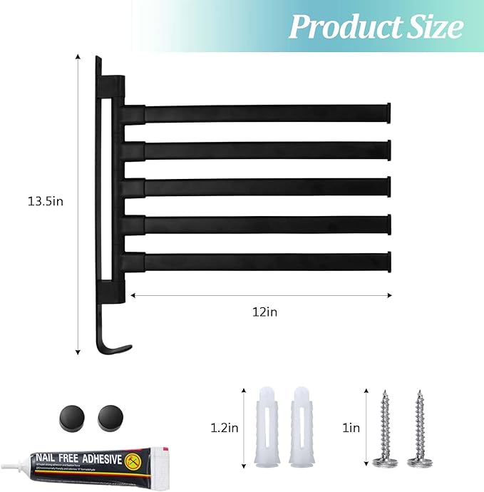 Rotating Pool Towel Rack, 5 Bars Swivel Outdoor Towel Rack with Hook Space Saving Wall Mounted Metal Towel Holder Swing Out Ideal for Pool, Hot Tub,Shower,Balcony