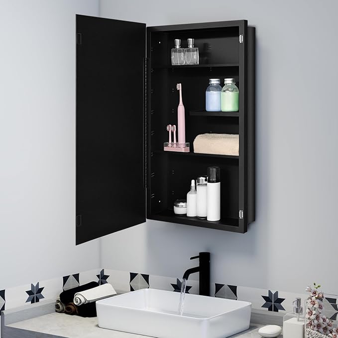Fundin Black Medicine Cabinet Recessed or Surface Mount, Bathroom Medicine Cabinet with 18 x 30 Beveled Mirror and Adjustable Staggered Shelves, Wall Mount