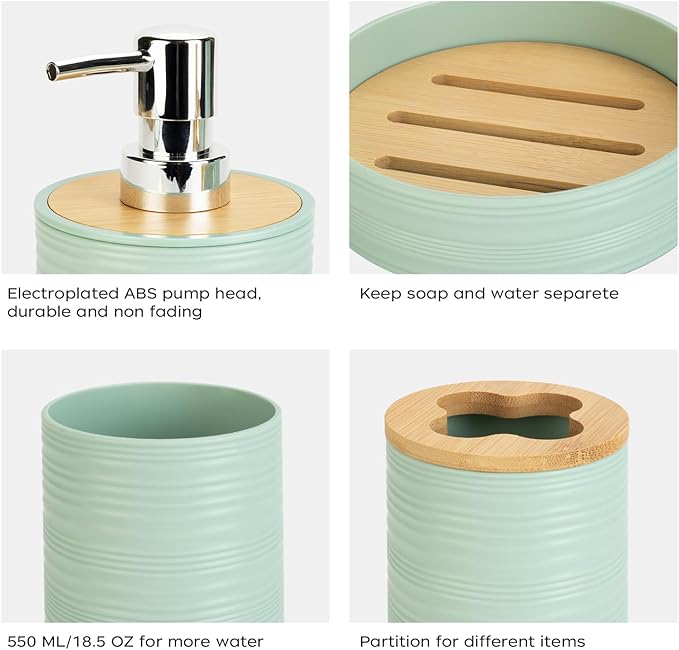 4 PCS Sage Green Bathroom Accessories Set, Includes a Soap Dispenser, Toothbrush Holder, Soap Dish and Mouthwash Cup, Plastics & Bamboo Bathroom Set, Bohemian Style Bathroom Sink Set
