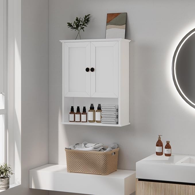 Medicine Cabinet, Above Toilet Storage Cabinet, 24x30 Inch Bathroom Wall Cabinet Over Toilet with 2 Soft-Close Shaker Doors & Adjustable Wood Shelf, Bathroom Cabinet Wall Mount White
