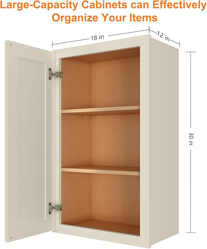 ROOMTEC Wood Wall Cabinet,RTA Single Door Medicine Cabinet with Adjustable Shelves and Soft-Close Door for Kitchen, Bathroom, and Laundry. 12" D*18" W*30" H, Shaker Antique White