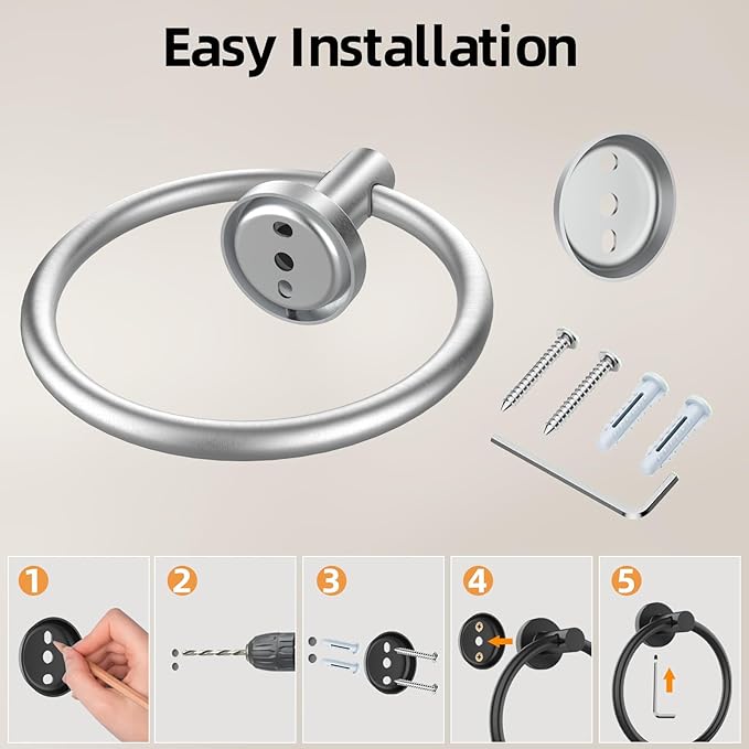 Brushed Silver Towel Ring 2Pack, SUS304 Stainless Steel Hand Towel Holder for Bathroom Kitchen, Modern Style Towel Hanger, Thicken Ring Towel Holder, Towel Rack Round Wall Mounted (2, Brushed Silver)