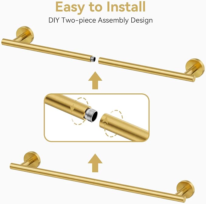 Brushed Gold Towel Bar, 24 Inch Towel Rack for Bathroom Wall-Mounted, SUS304 Stainless Steel, Total Length 26 Inch 2 Pack