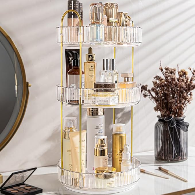 Makeup Organizer for Vanity, 360?? Rotating Bathroom Organizer Countertop, High-Capacity Skincare Organizer, Spinning Cosmetics Organizer for Dresser Countertop (3 Tiers, Clear)