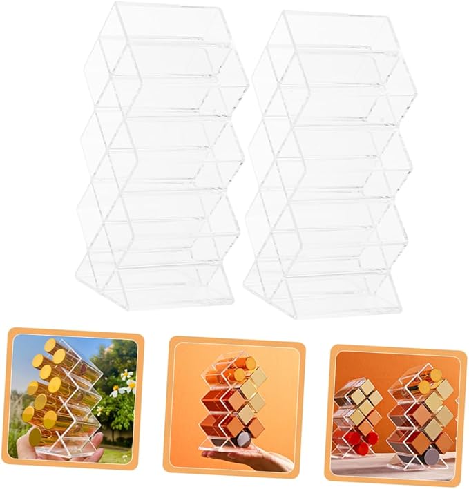 2Pcs Acrylic Lipstick Storage Organizer Clear Lip Gloss Holder Display Shelf Balm Stand Tint Storage Rack Desk stick Organizer Makeup Box Transparent Cosmetic