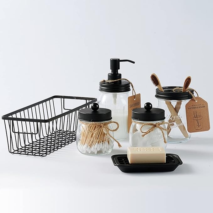 SheeChung 6Pcs Mason Jars Bathroom Accessories Set Complete - Toothbrush Holder, Lotion Soap Dispenser, 2 Mason Jars, Soap Dish, Toilet Paper Basket, Rustic Farmhouse Decor (Black, 6Pcs Bathroom Set)