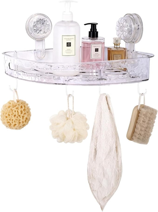 Corner Shower Caddy with Strong Suction Cups, No-Drill 90° Corner Shower Organizer with Hooks, Removable Wall Mounted Shelf for Tile, Glass & Metal (White/Clear)