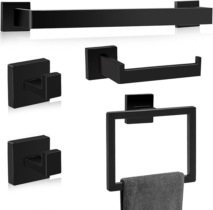 Matte Black Bathroom Hardware Accessories Set of 5 Pieces, 15.6 Inch Bath Towel Bar Set, 304 Stainless Steel Bathroom Hardware Set, Towel Racks for Bathroom Wall Mounted