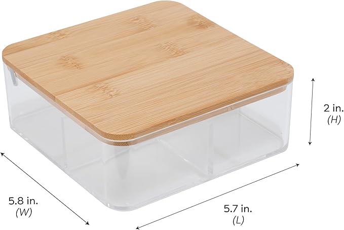 Simplify 3 Compartment Organizer with Bamboo Lid | Mirror | Perfect for Jewelry | Cosmetics | Accessories | Vanity & Countertop | Keepsake Storage Box | Clear
