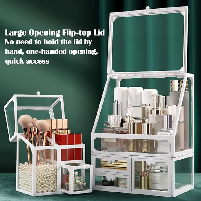 Glass Makeup Organizer Multi-Functional with Pearl Makeup Organizer with Drawers for Bathroom Vanity Organizer Skincare Lipstick Brushes