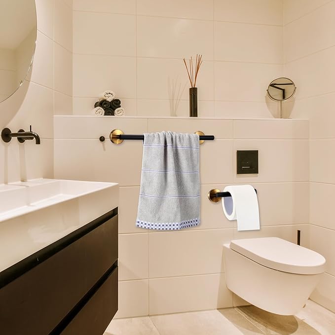 10 Pcs Matte Bathroom Hardware Set SUS304 Bathroom Hanger Set 16 Inch Hand Towel Bar Towel Holder Toilet Paper Holder Angled Hook 2 Robe Towel Hooks Wall Mounted Accessory(Black, Gold)