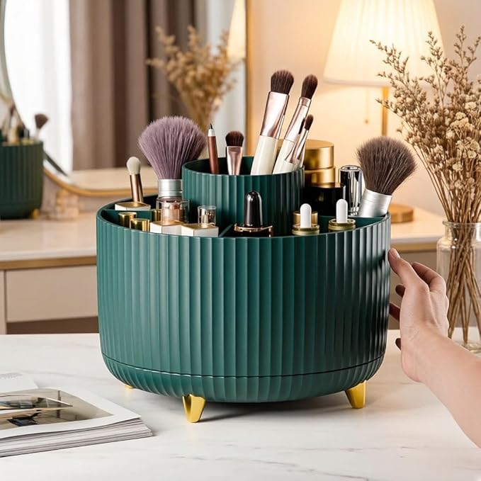 Makeup Brush Holder,360° Rotating Makeup Brush Organizer,5 Slot Make up Brushes Cup for Cosmetics,Large Capacity,For Nail Polish, Art Supply, Bathroom Vanity,Cosmetics Organizer,Green