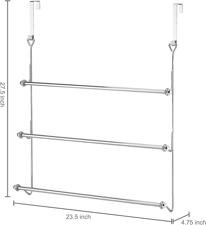 MyGift 3 Tier Over The Door Towel Rack for Bathroom, Over The Door Bath Towel Bar, Hand Towel Holder, Behind Shower Door Drying Rack for Laundry, Chrome-Plated