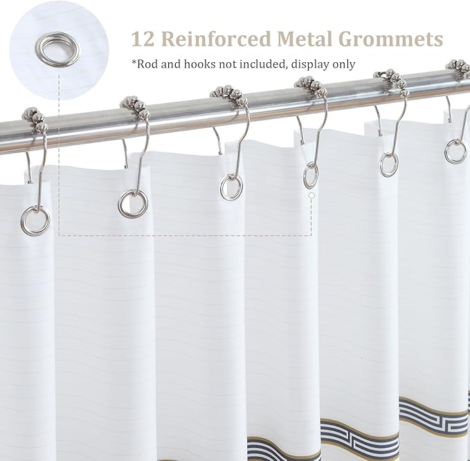 Fabric Shower Curtain, Waterproof for Bathroom with White Cream Black Print, 72” W x 72” H