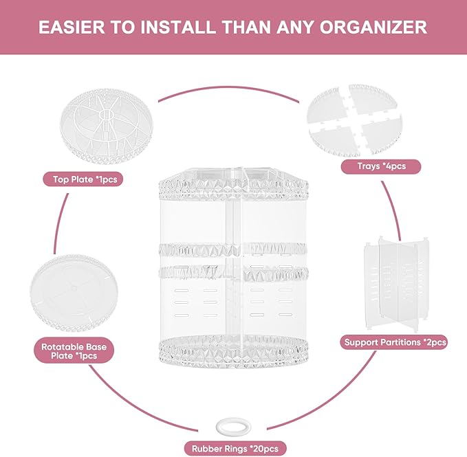 360 Rotating Makeup Organizer, DIY Adjustable Cosmetics Organizer[Patented Product], Professional Acrylic Make Up Caddy Shelf Storage Perfume, Lipsticks, Makeup Brushes or Accessories (Transparent)