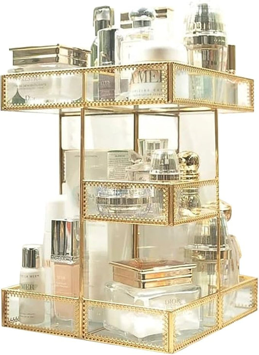Hersoo 360 Degree Rotation Makeup Organizer Antique Countertop Cosmetic Storage Box Mirror Glass Beauty Display, Gold Spin Large Capacity Holder for Brushes Lipsticks Skincare Toner