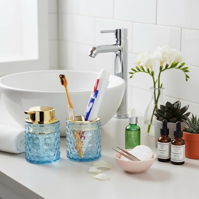 Bathroom Accessories Set 2pcs Glass Foaming Soap Dispenser and Toothbrush Holder for Bathroom Countertop, Blue Glass Bathroom Assessory Set with Gold Decor