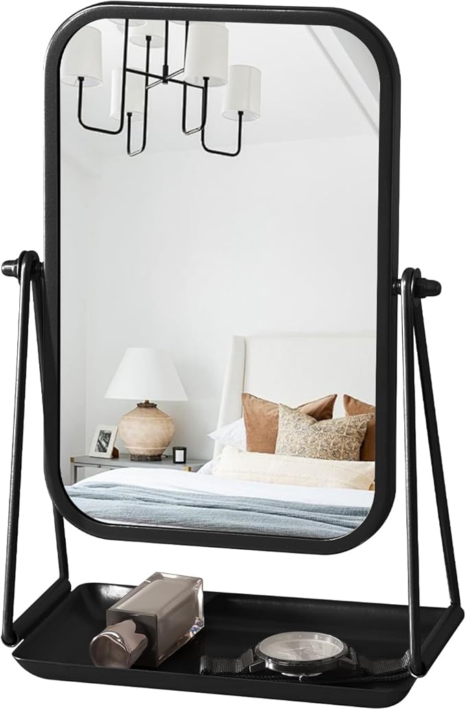 Small Mirror for Desk Table Black Metal Framed Freestanding Vanity Mirrors with Storage 360°Rotation Countertop Mirror Portable Makeup Mirrors for Dressing Bathroom Bedroom Dorm